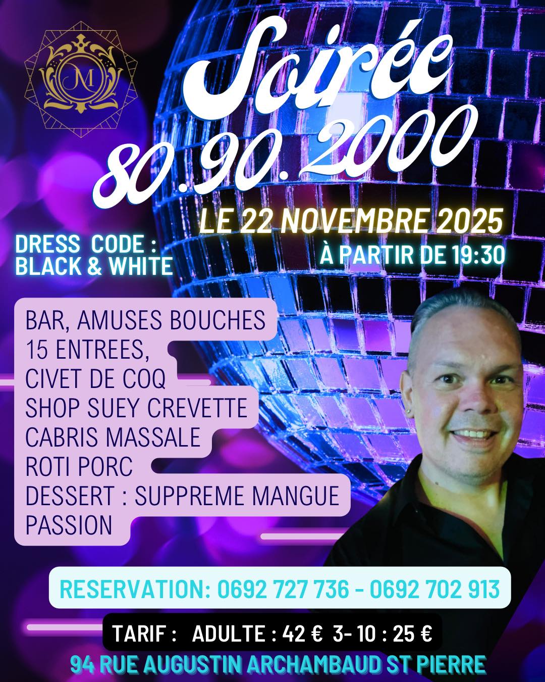 Metisse Réception-  à Saint-Pierre, 22 Novembre 2025 De 19H30. La plus folle des soirées années 80-90-2000 sera animée par DJ Patrice, le DJ le plus talentueux de tous, pour vous faire frissonner toute la nuit jusqu'au petit matin.. Kalprod Radio 