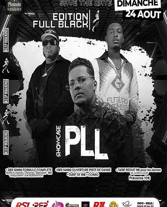 PLL - ÉDITION FULL BLACK Rendez-vous ce dimanche 24 août 2025 à la Salle Plalada pour un showcase exceptionnel de PLL Dès 12h00 : Formule complète avec buffet à volonté, dancing et spectacle – 25€ (uniquement sur réservation) Dès 14h00 : Ouverture de la piste de danse – 15€ avec conso Tarif réduit pour les dames de 14h00 à 14h30 → 5€. Kalprod Radio 