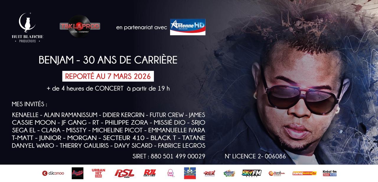 Benjam - 30 ans de carrière reporté au samedi 7 mars 2026 L’Association L’Ambiance Léla. à NORDEV - Parc des expositions et centre de congrès Auguste Legros 