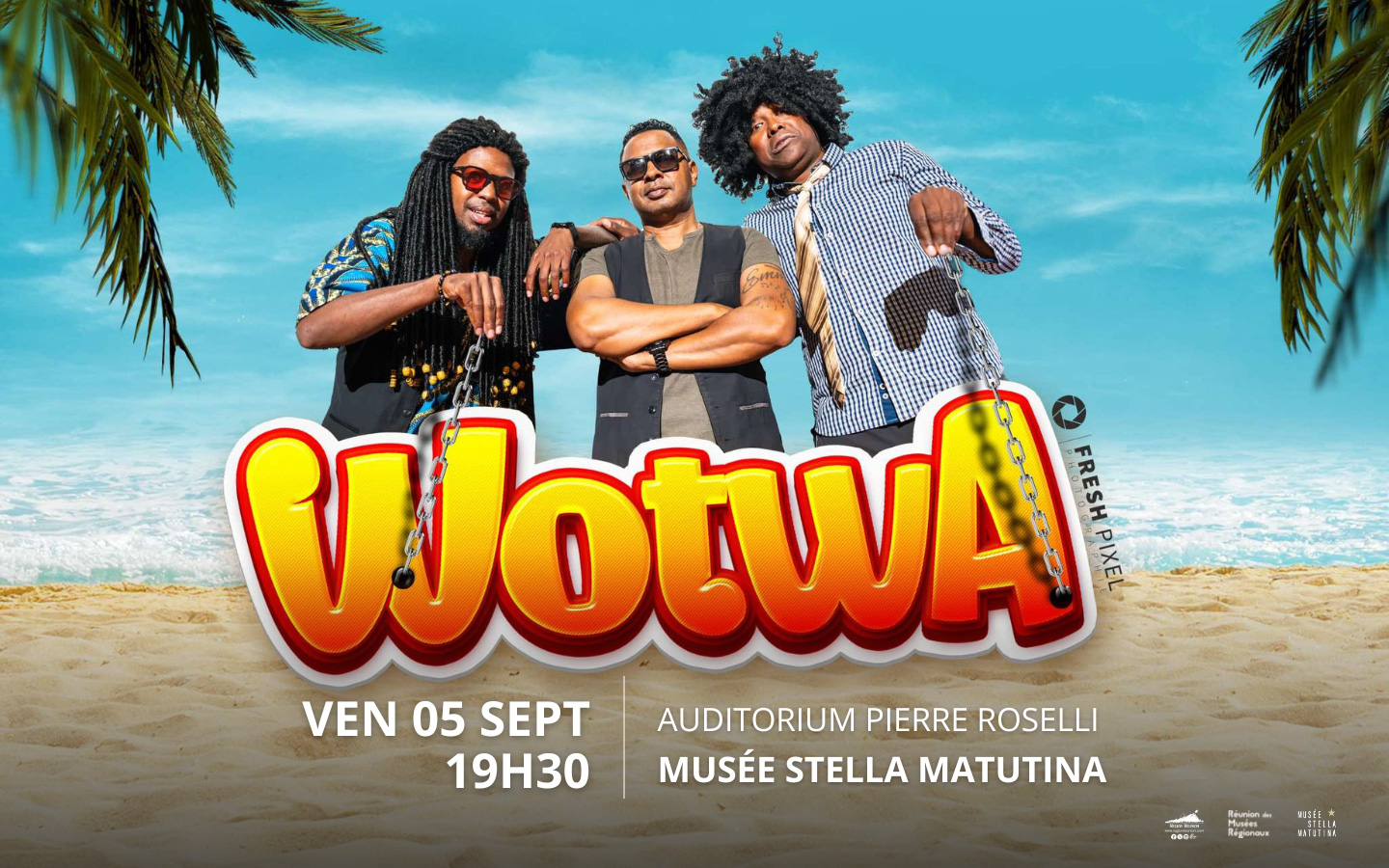 Vendredi 5 Septembre 2025 à 19H , dans l'auditorium Pierre Roselli du Musée Stella Matutina. WOTWA, c'est un sketch-concert ! Ce concept unique réunit Laurent Boisedu et Jean-Bernard Ouledi pour l'humour, et Cédric Analyse et Emiguel pour la musique..